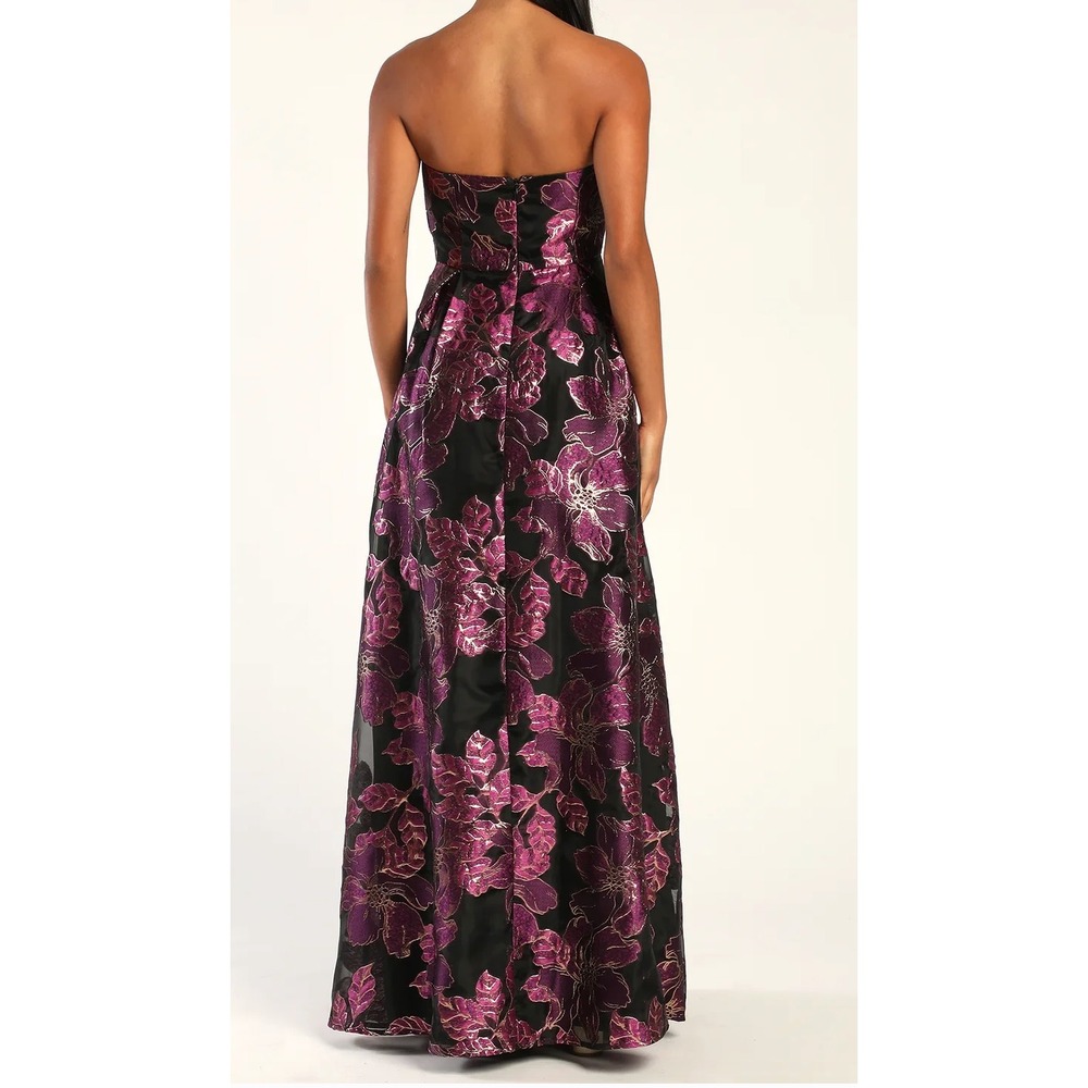 Lulus Black Purple Floral Jacquard Strapless Maxi Dress Formal Gown Large NWT - Picture 2 of 7